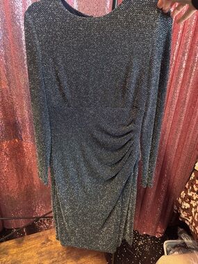 Ralph Lauren Metallic Blue Long-Sleeve Ruched Midi Dress